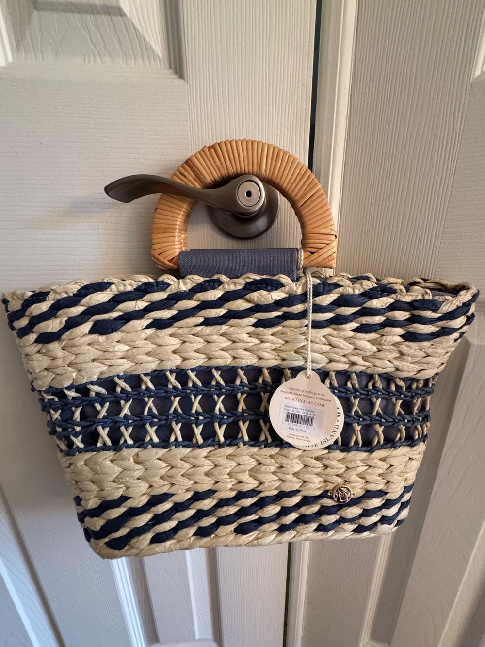 Spartina Straw Woven Navy & Natural  Bag with Wooden Handle